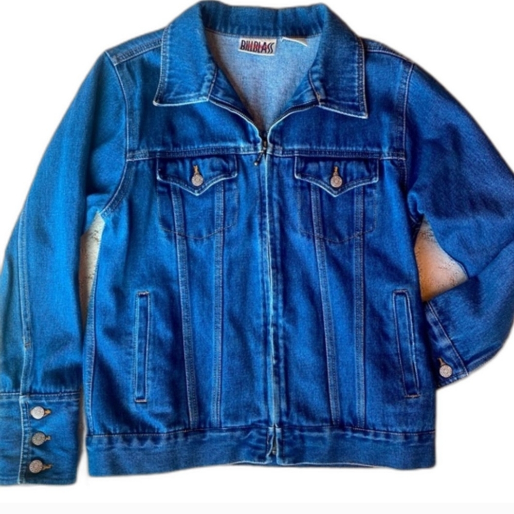 Bill Blass Retro zip front three button sleeve jean jacket medium